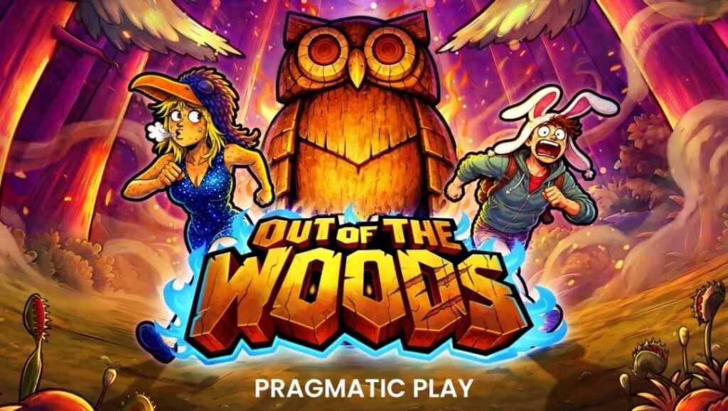 Out of the Woods game title in front of a carved owl, with two frightened campers running through a burning forest.