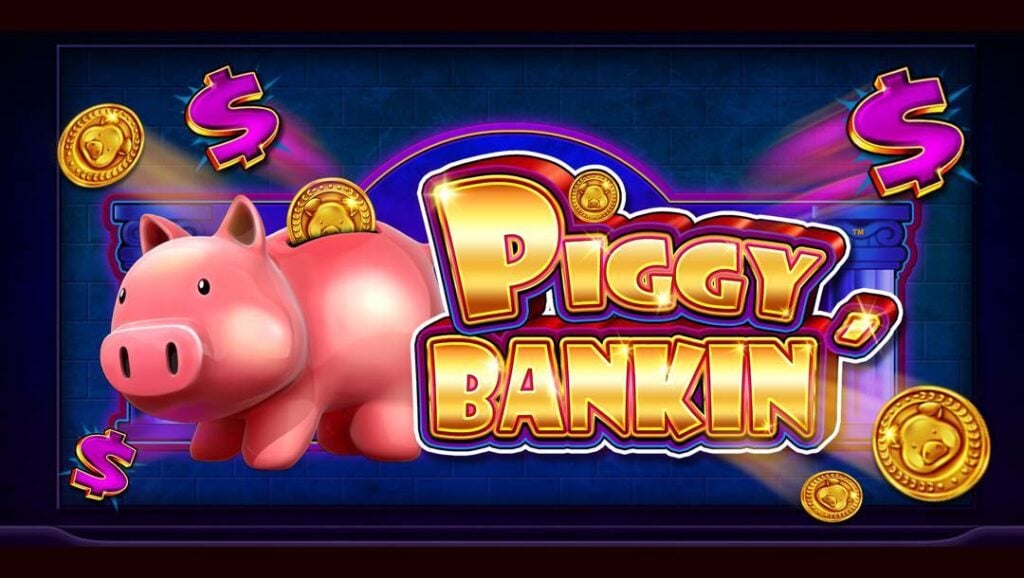 Piggy Bankin' slot game title graphic featuring a pink piggy bank, floating gold coins, and purple dollar sign symbols.