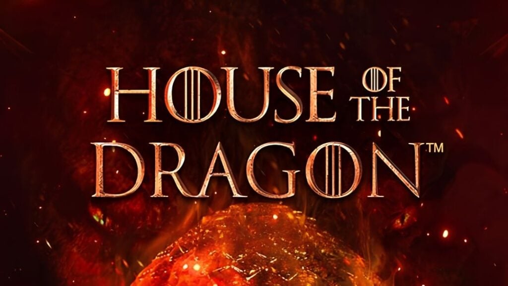 Game of Thrones House of the Dragon logo in metallic gold lettering with ember sparks against a dark background.