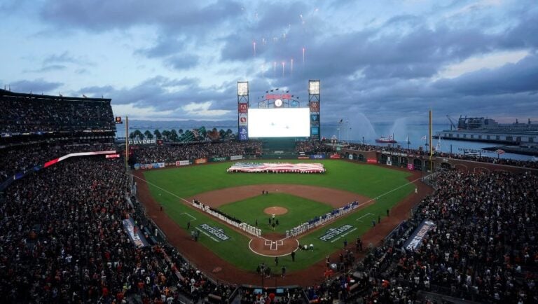 Fireworks go off at Oracle Park after the national anthem before Game 1 of a baseball National League Division Series between the San Francisco Giants and the Los Angeles Dodgers Friday, Oct. 8, 2021, in San Francisco.