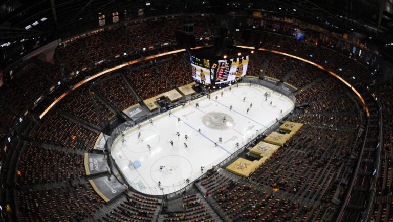 The Vegas Golden Knights and St. Louis Blues warm up before an NHL hockey game at T-Mobile Arena on Saturday, May 8, 2021, in Las Vegas.