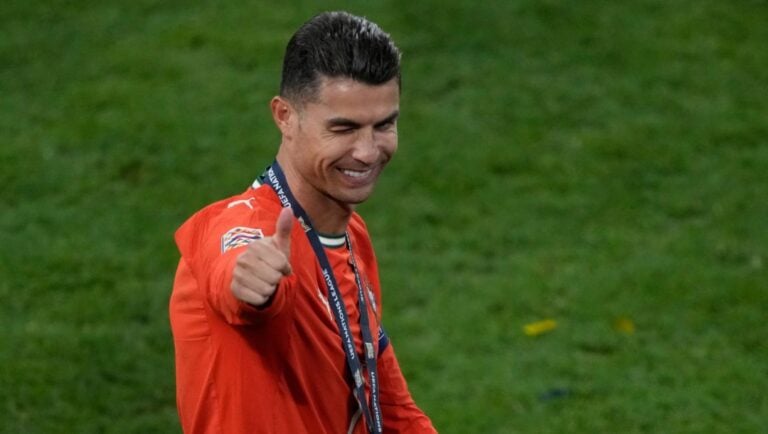 Portugal's Cristiano Ronaldo celebrates after winning the Nations League soccer championship at the Allianz Arena in Munich, Germany, Sunday, June 8, 2025.