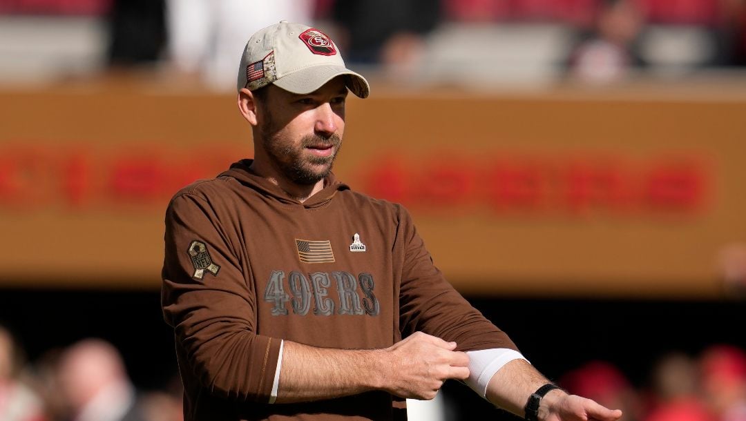 San Francisco 49ers assistant coach Klay Kubiak watches players warm up before an NFL football game against the Tampa Bay Buccaneers in Santa Clara, Calif., Sunday, Nov. 19, 2023.
