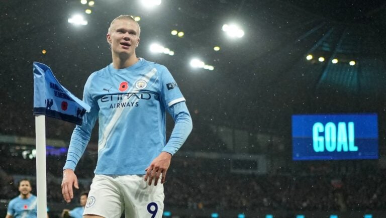Manchester City's Erling Haaland celebrates after scoring his side's opening goal during the English Premier League soccer match between Manchester City and Liverpool in Manchester, England, Sunday, Nov. 9, 2025.