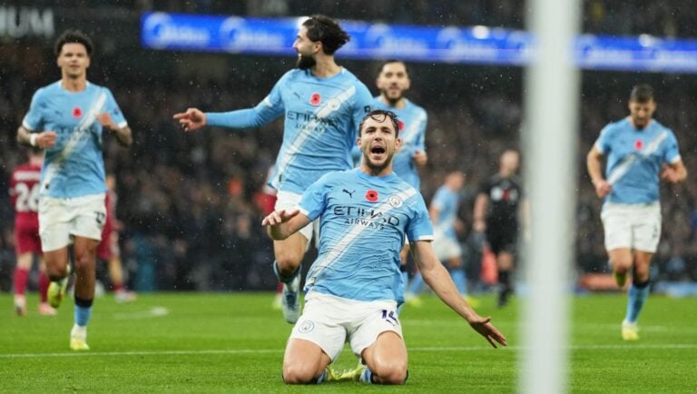 Manchester City's Nico Gonzalez, centre, celebrates after scoring his side's second goal during the English Premier League.