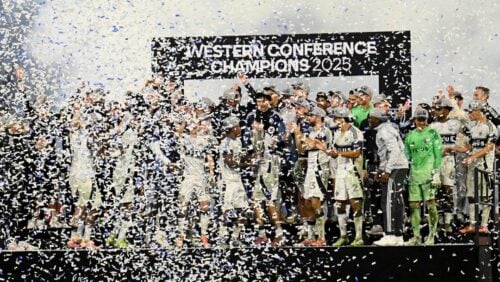 Vancouver Whitecaps players celebrate after winning the MLS Western Conference final soccer match against San Diego FC, Saturday, Nov. 29, 2025, in San Diego.