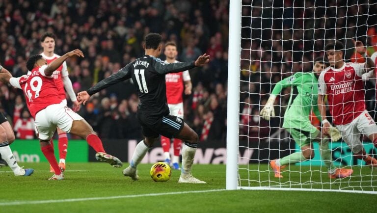 Aston Villa's Ollie Watkins, centre, scores his side's opening goal during the English Premier League soccer match between Arsenal and Aston Villa in London, Tuesday, Dec. 30, 2025.