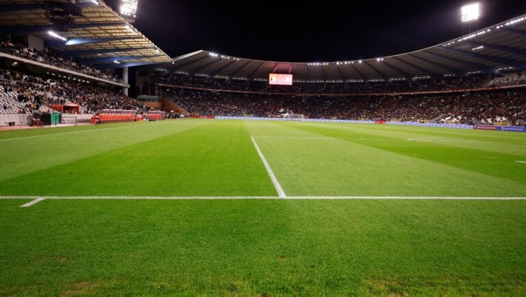 A view of the empty field before the Euro 2024 group F qualifying soccer match between Belgium and Sweden at the King Baudouin Stadium was suspended, in Brussels, Monday, Oct. 16, 2023.