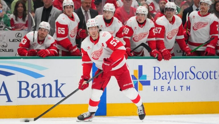 Detroit Red Wings defenseman Moritz Seider (53) controls the puck during the second period of an NHL hockey game between the Dallas Stars and the Detroit Red Wings, Saturday, March 14, 2026, in Dallas.