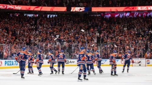 Edmonton Oilers celebrate the win over the Vegas Golden Knights following the Game 4 of a second-round NHL hockey playoff series in Edmonton, Alberta, Monday, May 12, 2025.