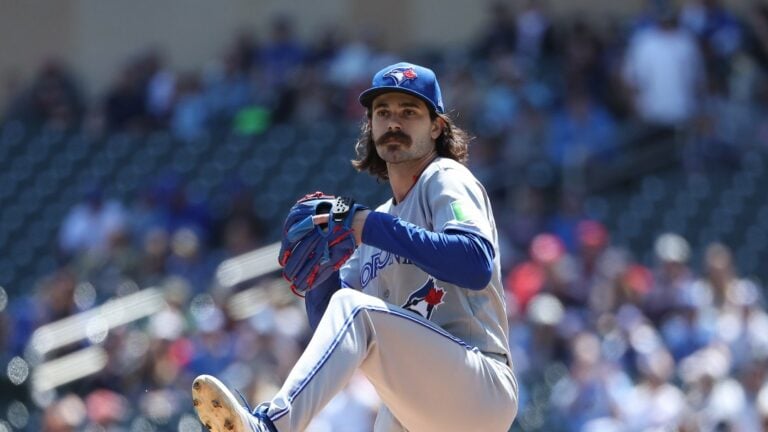 Toronto Blue Jays starting pitcher Dylan Cease delivers against the Minnesota Twins during the first inning of a baseball game, Saturday, May 2, 2026, in Minneapolis.