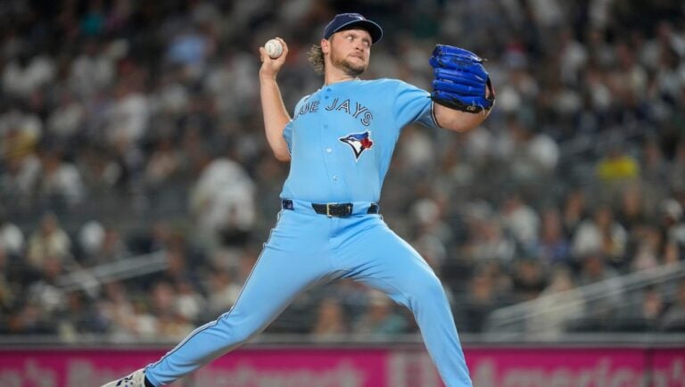Toronto Blue Jays pitcher Trey Yesavage (39) throws during the first inning of a baseball game against the New York Yankees, Wednesday, May 20, 2026, in New York.