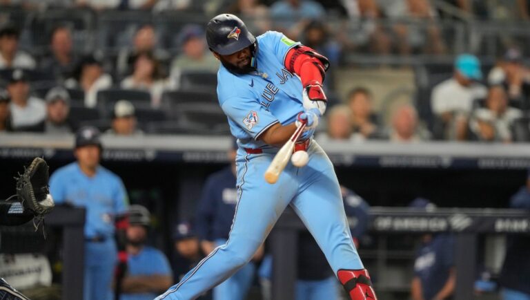 Toronto Blue Jays' Vladimir Guerrero Jr. hits a single during the fourth inning of a baseball game against the New York Yankees, Wednesday, May 20, 2026, in New York.