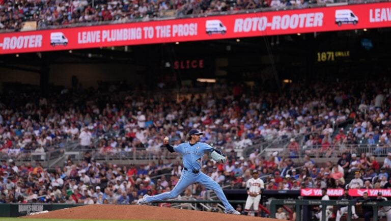 Toronto Blue Jays pitcher Kevin Gausman (34) works from the bump in the third inning of a baseball game against the Atlanta Braves, Tuesday, June 2, 2026, in Atlanta.