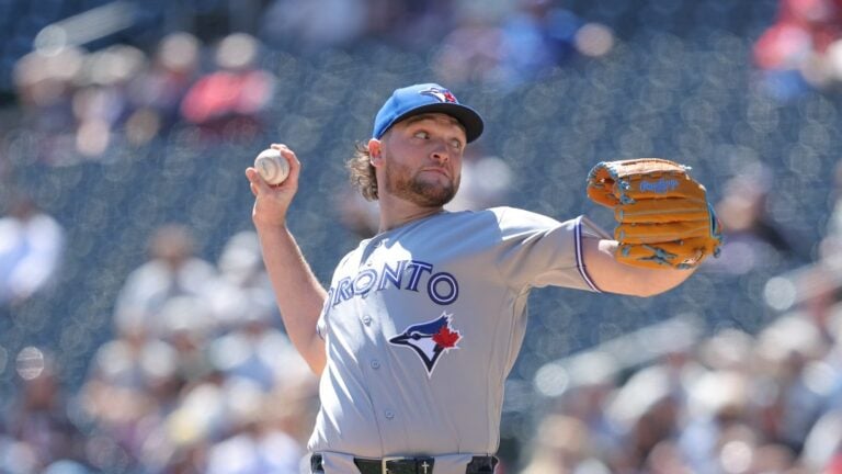 Toronto Blue Jays starting pitcher Trey Yesavage (39) delivers during the first inning of a baseball game against the Minnesota Twins, Sunday, May 3, 2026, in Minneapolis.