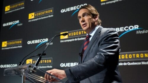 Quebecor Chief Executive Pierre Karl Peladeau announces a new advanced wireless network to be built with Quebec cable giant Videotron at a news conference in Montreal Wednesday, Oct. 22, 2008.