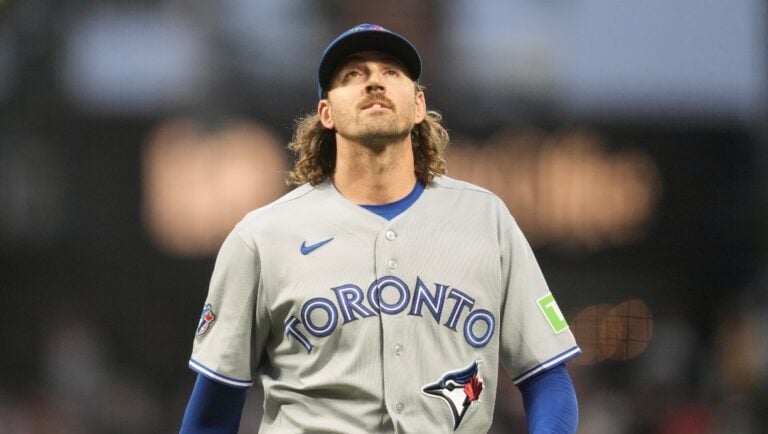 Toronto Blue Jays pitcher Kevin Gausman during a baseball game against the San Francisco Giants Monday, July 6, 2026, in San Francisco.