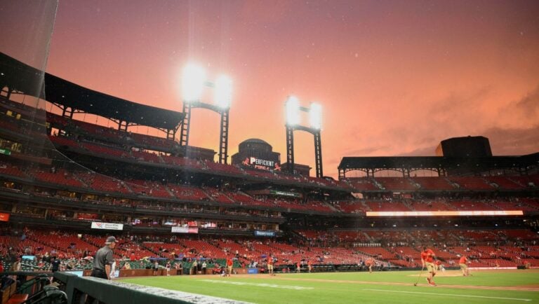 A general view of Busch Stadium prior to a game between the St. Louis Cardinals and the Washington Nationals, Tuesday, July 8, 2025, in St. Louis.