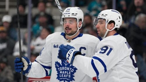 Toronto Maple Leafs' Auston Matthews (34) is congratulated by John Tavares (91) after scoring a goal against the San Jose Sharks during the second period of an NHL hockey game in San Jose, Calif., Thursday, March 27, 2025.