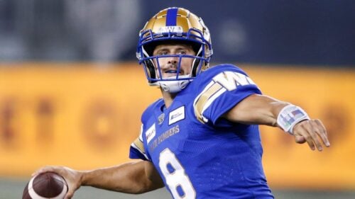 Winnipeg Blue Bombers quarterback Zach Collaros during a CFL football game against the Toronto Argonauts, Thursday, Aug. 13, 2021, in Winnipeg, Manitoba, Canada.