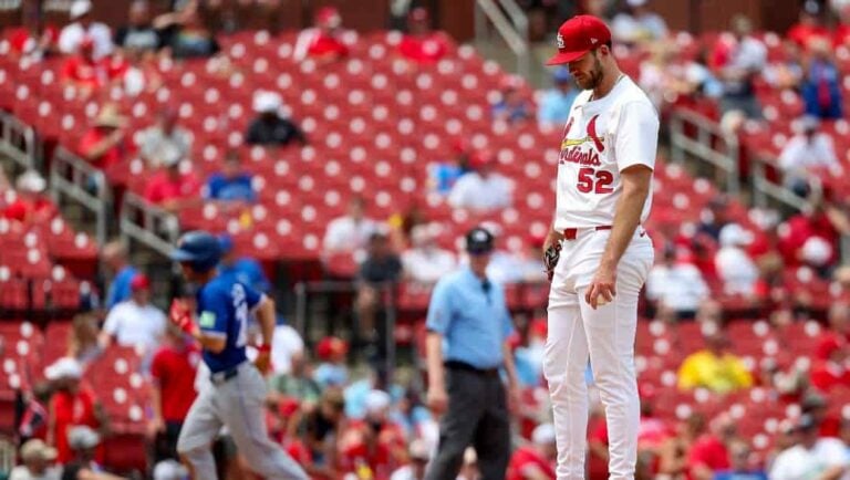 St. Louis Cardinals starting pitcher Matthew Liberatore pauses on the mound after giving up a solo home run to Toronto Blue Jays' Ernie Clement during the fifth inning of a baseball game, Wednesday, June 11, 2025, in St. Louis.