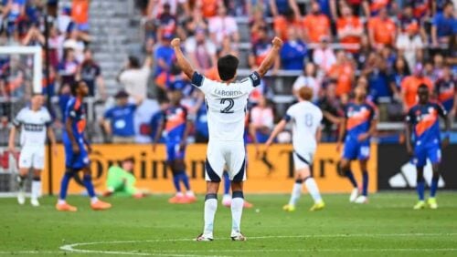 Vancouver Whitecaps FC' Mathias Laborda (2) reacts following a goal scored by Ryan Gauld during the first half of an MLS soccer match against FC Cincinnati in Cincinnati, Wednesday, July 22, 2026.