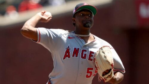Los Angeles Angels pitcher José Soriano (59) throws against the San Francisco Giants during the first inning of a baseball game in San Francisco, Sunday, July 26, 2026.