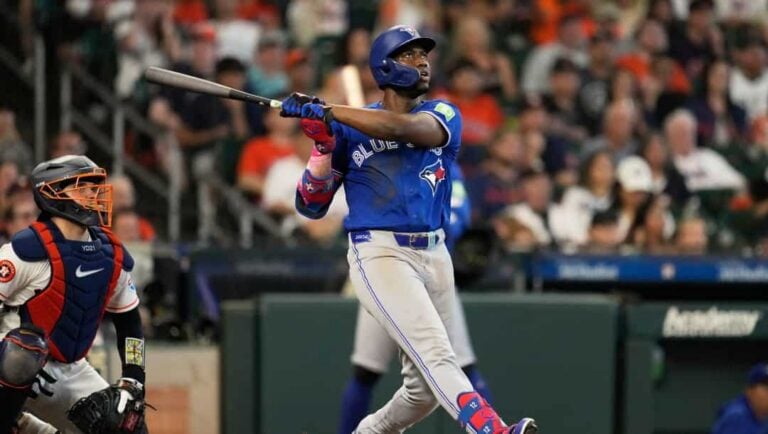 Toronto Blue Jays' Jesús Sánchez hits a home run during the sixth inning of a baseball game against the Houston Astros in Houston, Wednesday, Aug. 5, 2026
