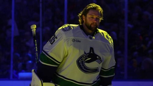Vancouver Canucks goaltender Thatcher Demko (35) skates during the first period of an NHL hockey game against the Buffalo Sabres Tuesday, Jan. 6, 2026, in Buffalo, N.Y.